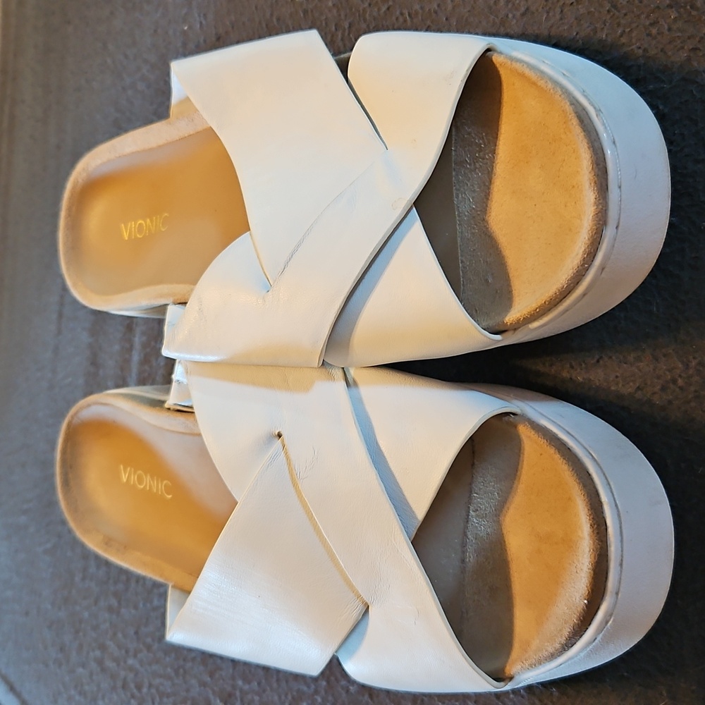 Vionic Lou Slide Sandals White Crisscross Leather Platform Comfort Size 10